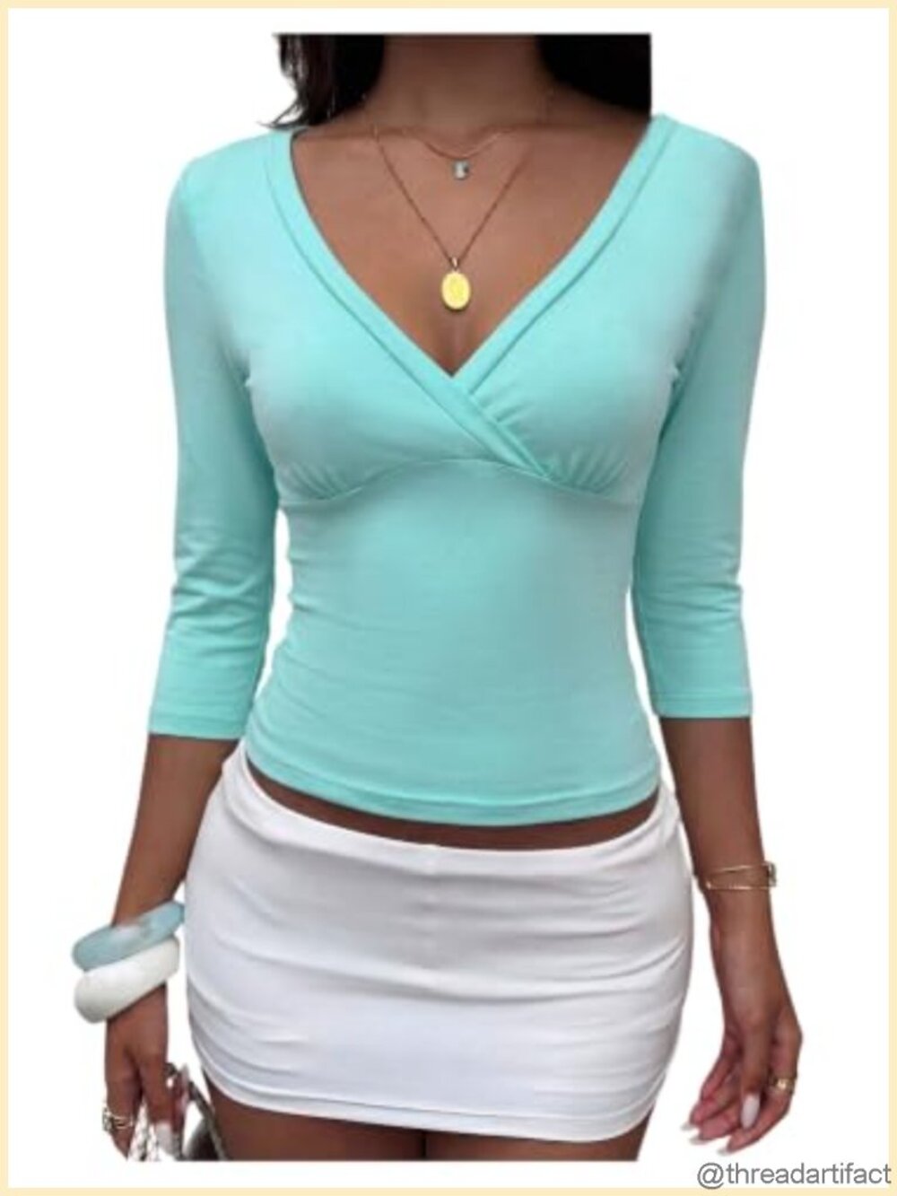 Women's Wrap V Neck 3/4 Sleeve Crop Top Fitted Cinched Waist Tee